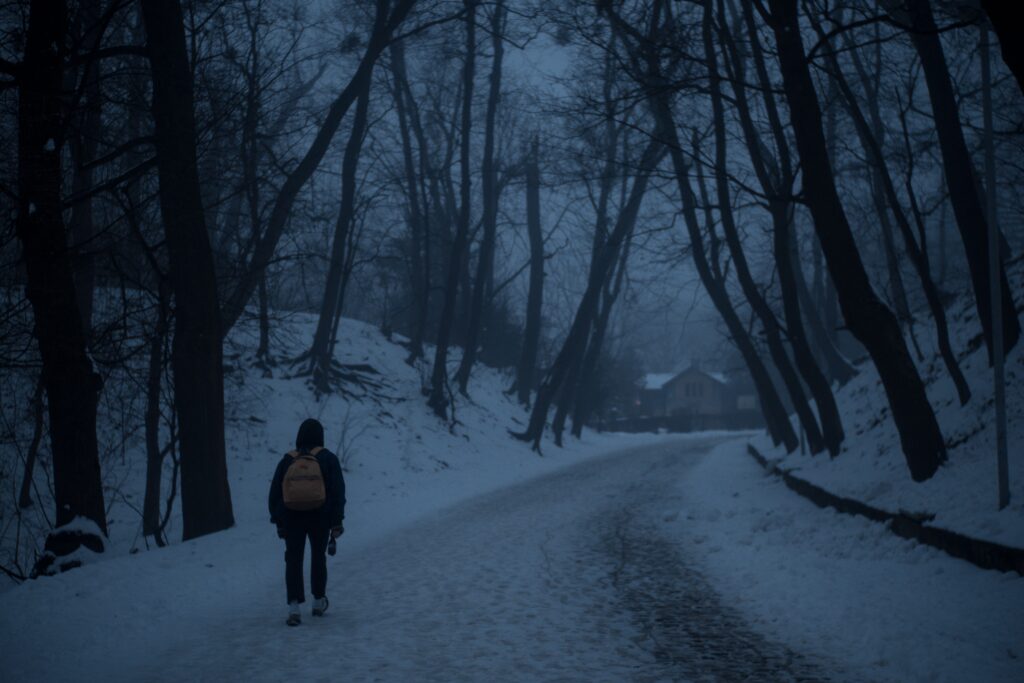 Nutrition for a Dark Night - person walking down a dark snowy road, black trees leaning over, house in distance.